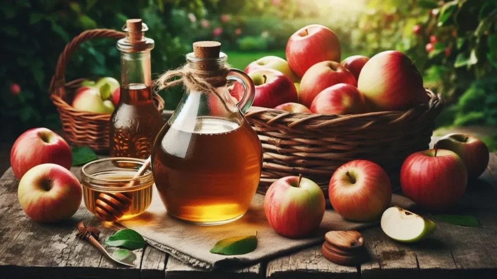 Apple cider Vinegar along with fresh Apple kept on the wooden Table inside the Garden