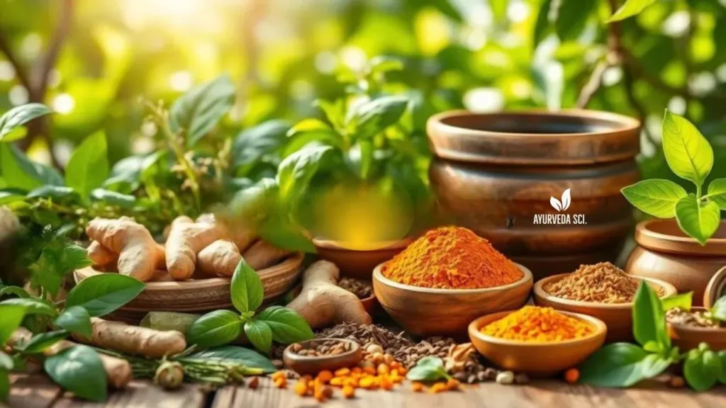 Ayurveda ,Herbs and spices and plants put on a table