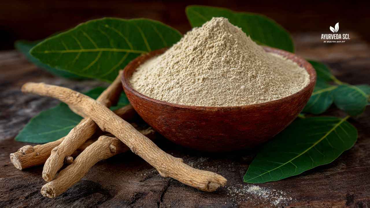 Ashwagandha powder with leaves and roots